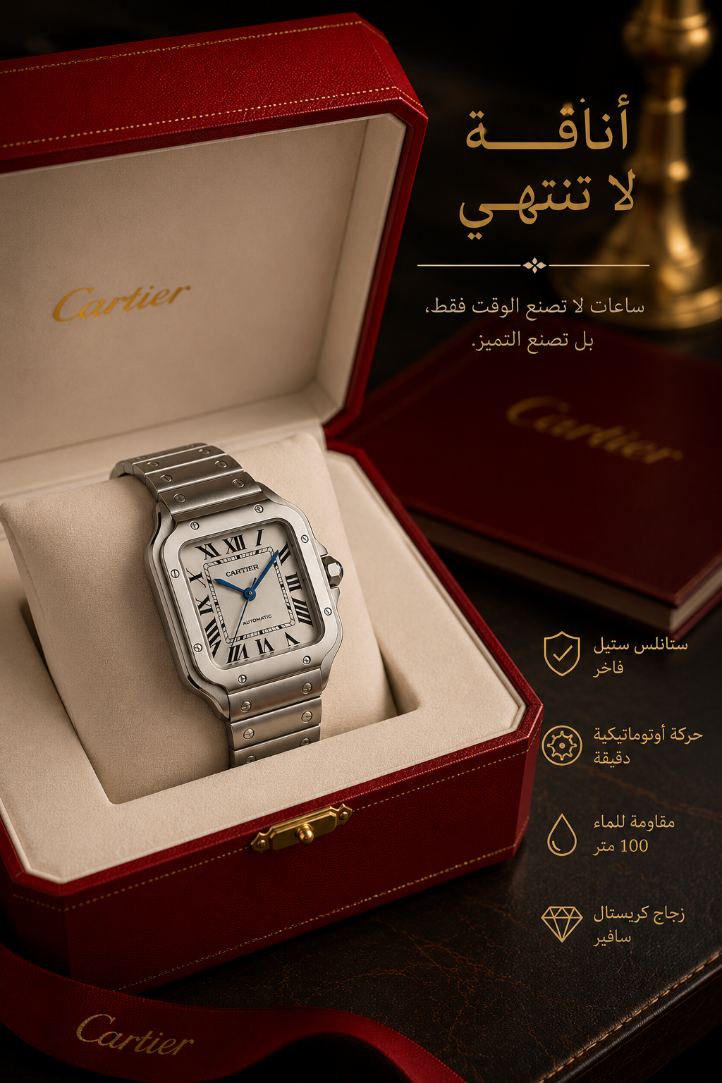 Luxury premium men's watch with a square design       ساعة رجالية فاخرة بتصميم مربع
